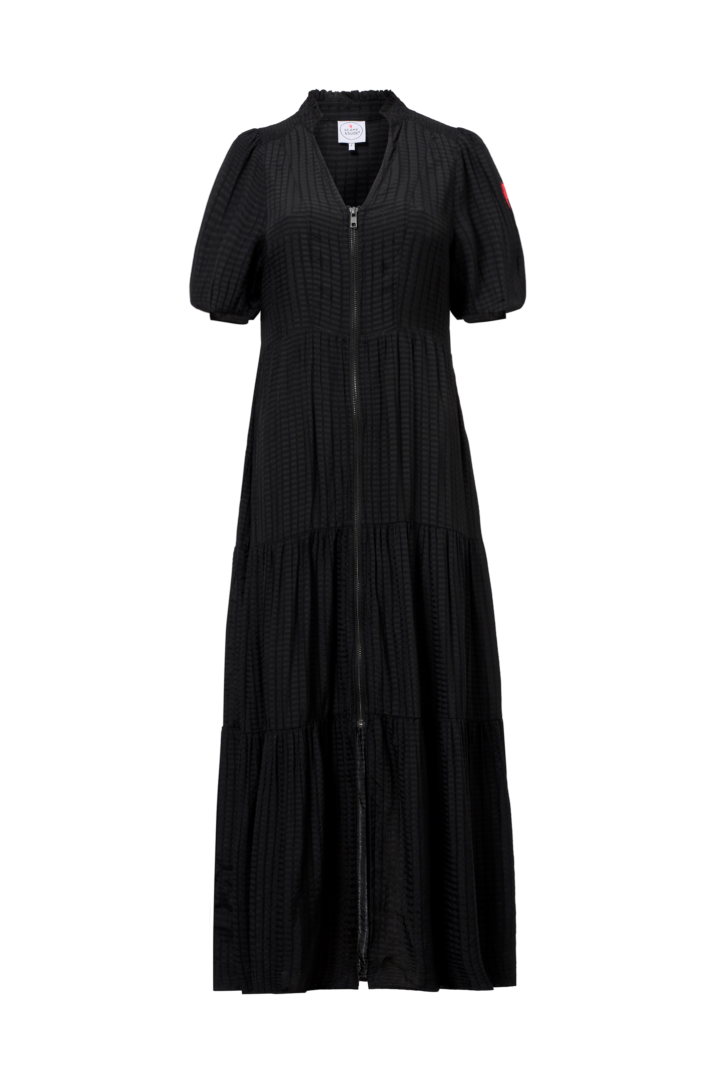 Black Textured Zip Detail Tiered Midi Dress