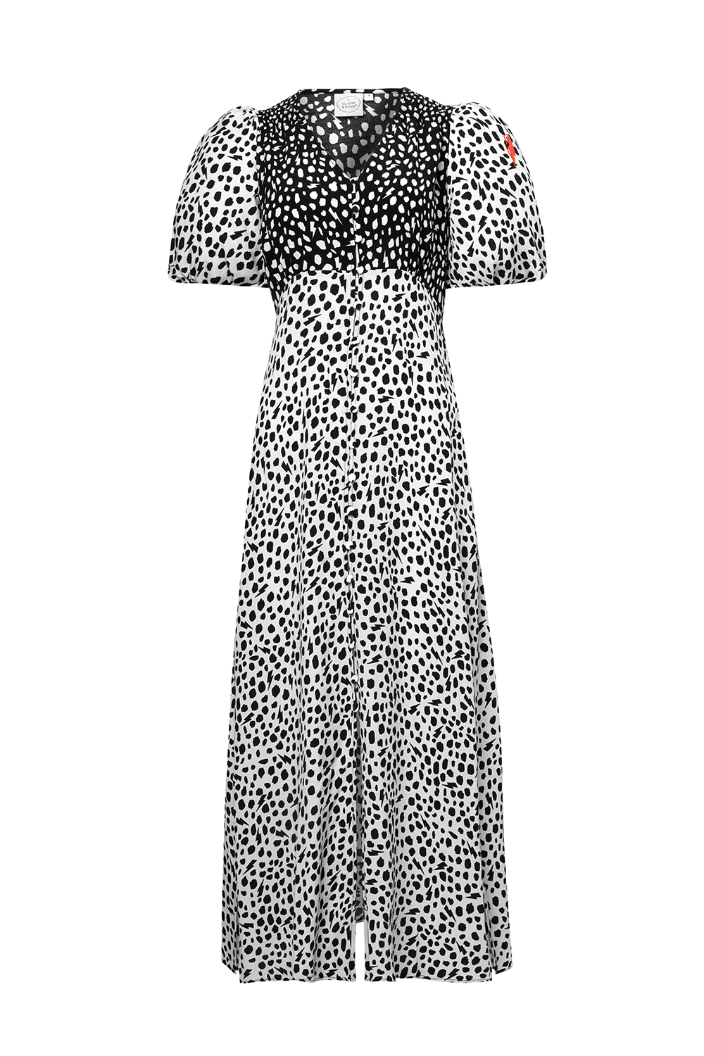 White with Black Mix Cheetah Puff Sleeve Midi Tea Dress
