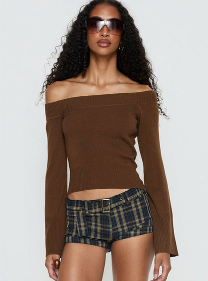 Perrey Long Sleeve Off Shoulder Knit Top Brown