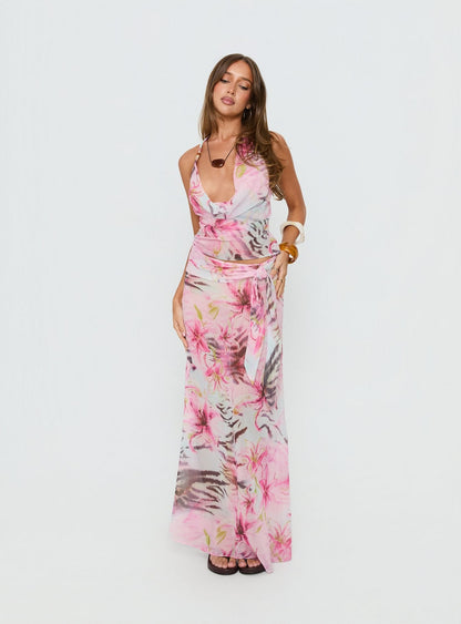 Distinction Halter Chiffon Top Pink Floral
