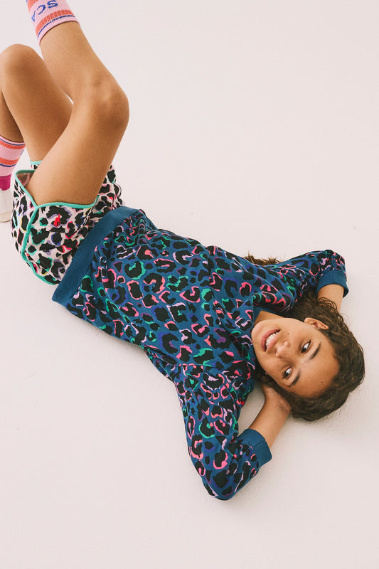 Kids Teal with Rainbow Shadow Leopard Oversized Sweatshirt