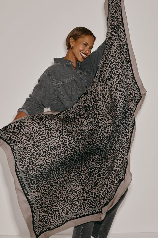 Scamp & Dude x Sabrina Elba Taupe with Grey Wild Leopard Charity Super Scarf