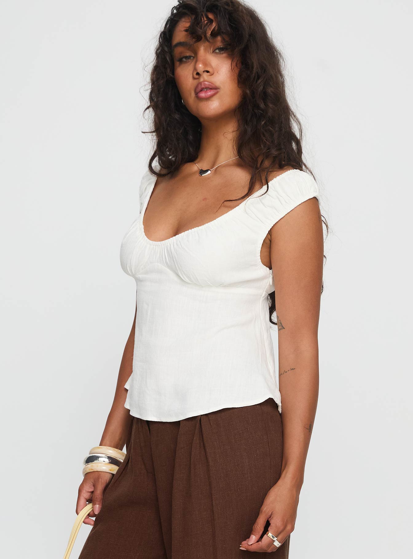 With Pleasure Puff Sleeve Linen Blouse Top White