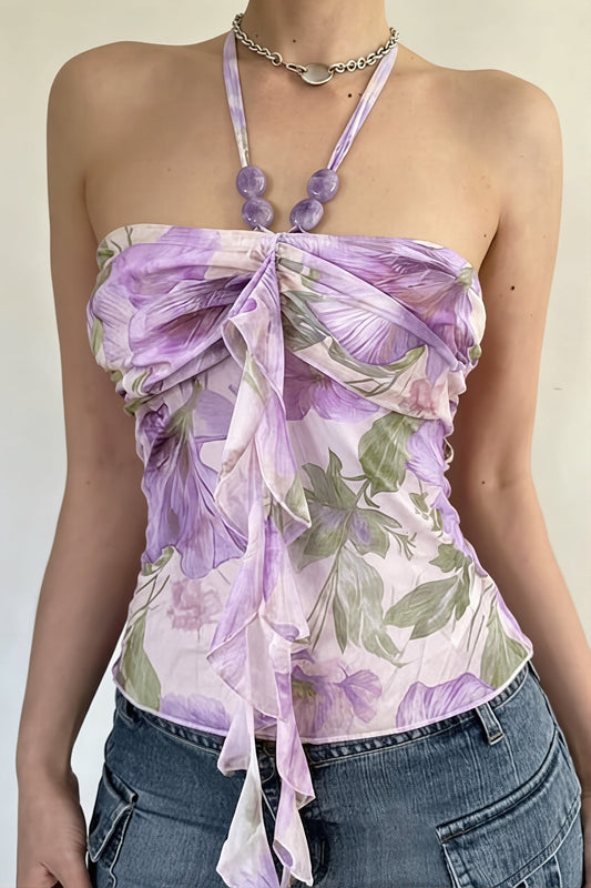 Floral Print Beaded Romantic Halter Top