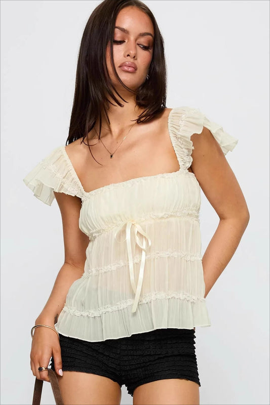 Sweet Lace Panel Ruffle Sleeve Cami Top
