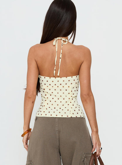 Bon Bon Tie Neck Top Yellow / Brown Polka