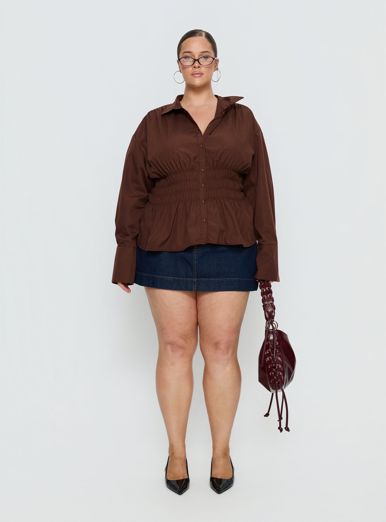 As You Are Shirred Button Up Top Chocolate Curve