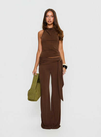 Katiana High Neck Cowl Top Brown
