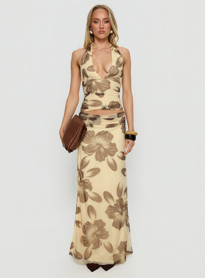 Roselin Mesh Halter Top Brown Floral