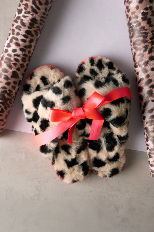 Cream with Black Cheetah Faux Fur Cross Over Slippers