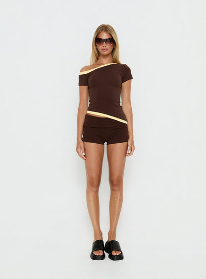 Eustace Off Shoulder Asymmetrical Top Brown / Yellow