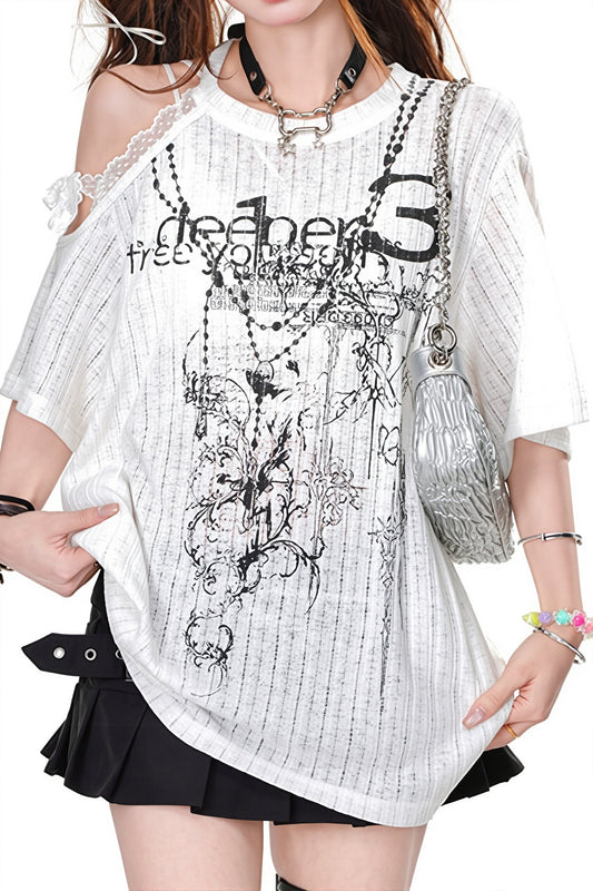Asymmetric Lace Off Shoulder T‑shirt