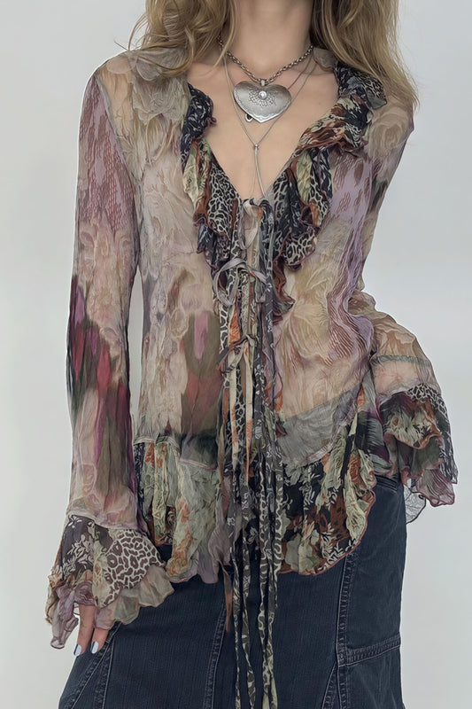 Tie Dye Mesh Ruffle Flare Sleeve Blouse