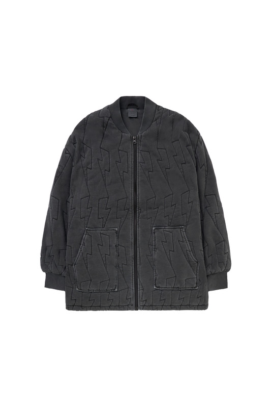 Washed Black Lightning Bolt Oversized Quilted Bomber Jacket