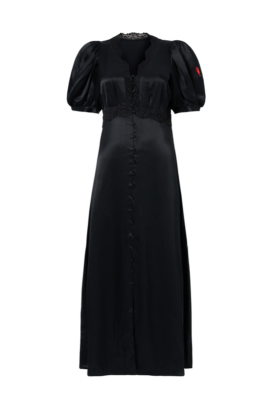 Black with Lace Trim Satin Puff Sleeve Midi Tea Dress