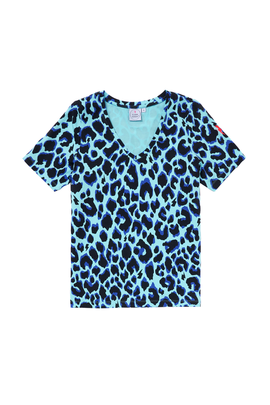Turquoise with Black and Blue Shadow Leopard V-Neck T-Shirt