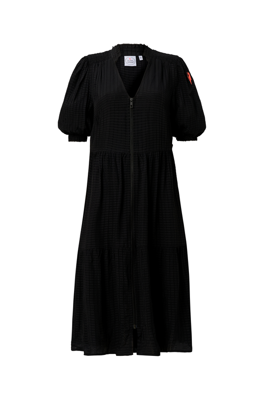 Black Textured Zip Detail Tiered Short Dress