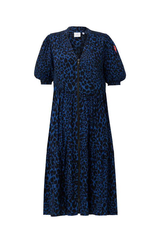 Navy with Black Rock and Roll Leopard Zip Detail Tiered Short Dress