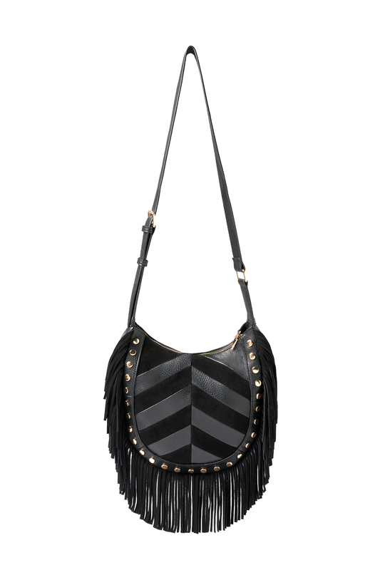 Black Fringed Patchwork Suede Cross Body Bag