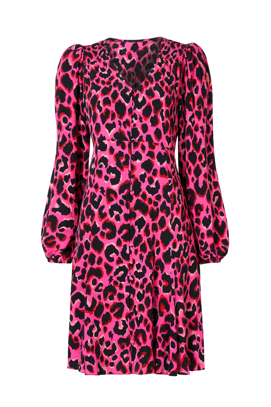 Pink with Red and Black Pop Leopard Blouson Sleeve Godet Short Dress