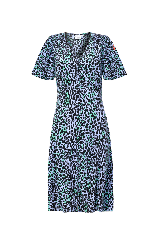 Blue with Black Leopard Angel Sleeve Short Tea Dress