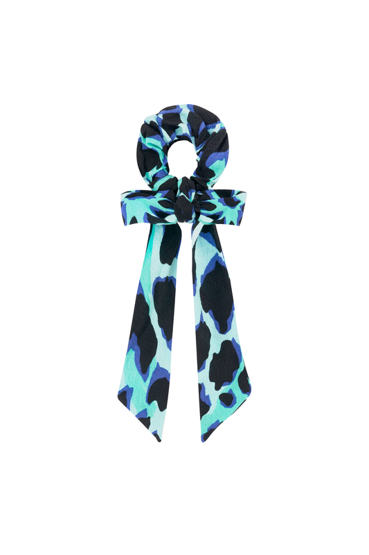 Turquoise with Black and Blue Shadow Leopard Surplus Fabric Bow Scrunchie