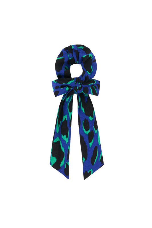 Blue with Green and Black Shadow Leopard Surplus Fabric Bow Scrunchie
