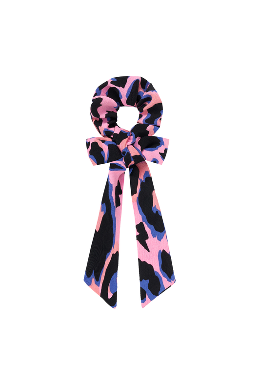Pink with Blue and Black Shadow Leopard Surplus Fabric Bow Scrunchie