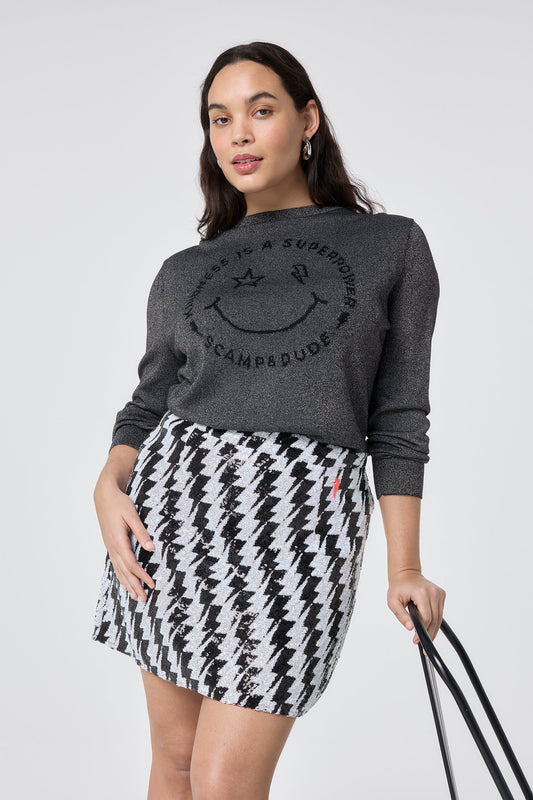 Black with White Lightning Bolt Sequin Mini Skirt