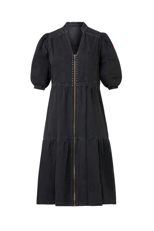 Washed Black Studded Zip Detail Tiered Short Denim Dress