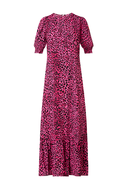 Pink with Black Leopard Flute Sleeve Midi Dress