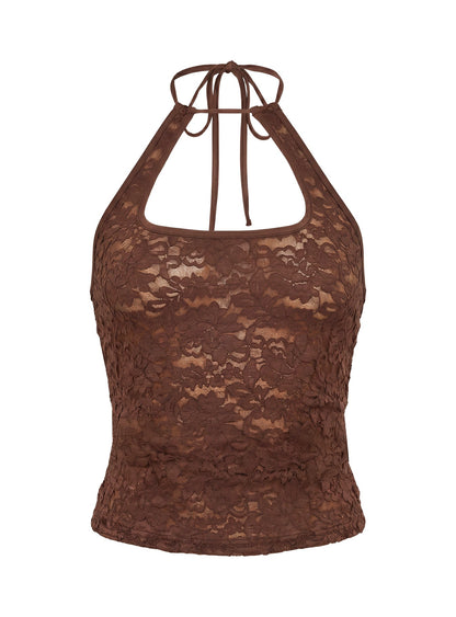 Janais Lace Tie Neck Top Chocolate