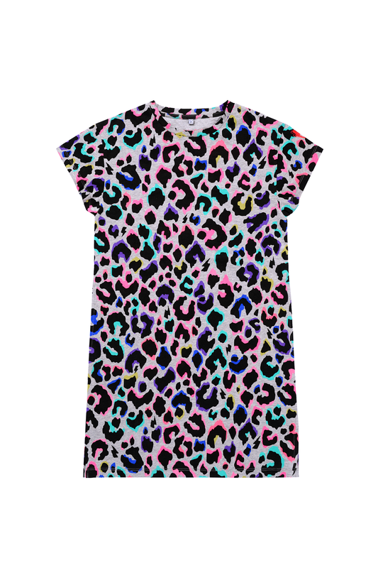 Kids Grey with Rainbow Shadow Leopard T-Shirt Dress