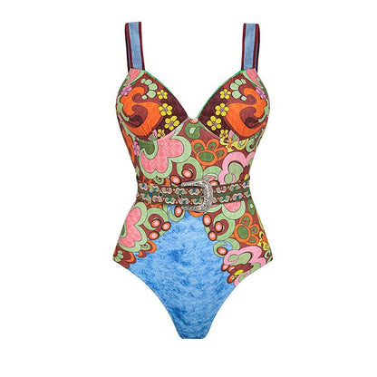 Print Belt One-Piece Swimsuit