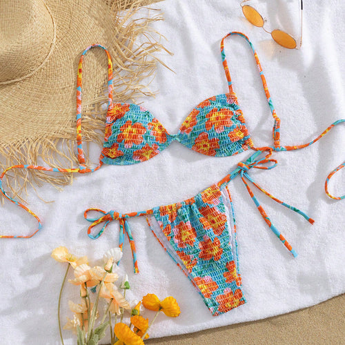 Smocked Print Bikini Set