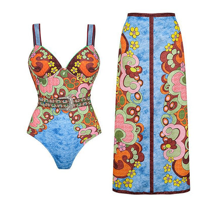 Print Belt One-Piece Swimsuit