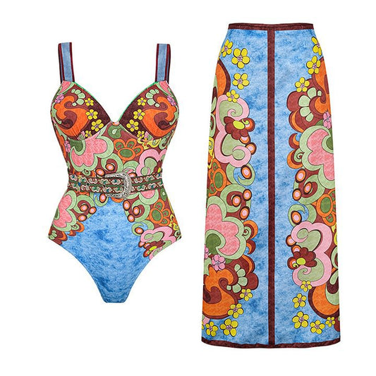 Print Belt One-Piece Swimsuit