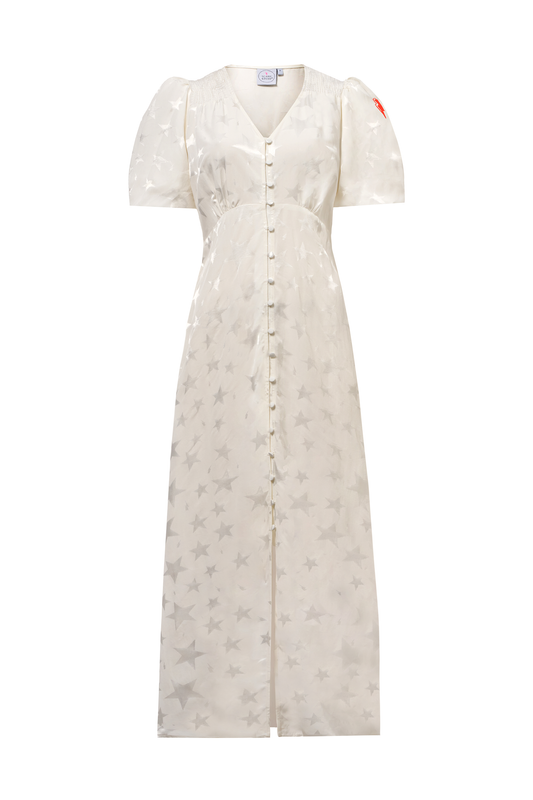 White Jacquard Star Puff Sleeve Midi Tea Dress