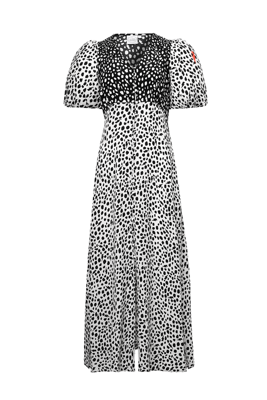 White with Black Mix Cheetah Puff Sleeve Midi Tea Dress