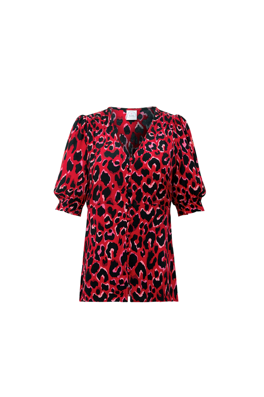 Red with Pink and Black Pop Leopard Button Through Blouse