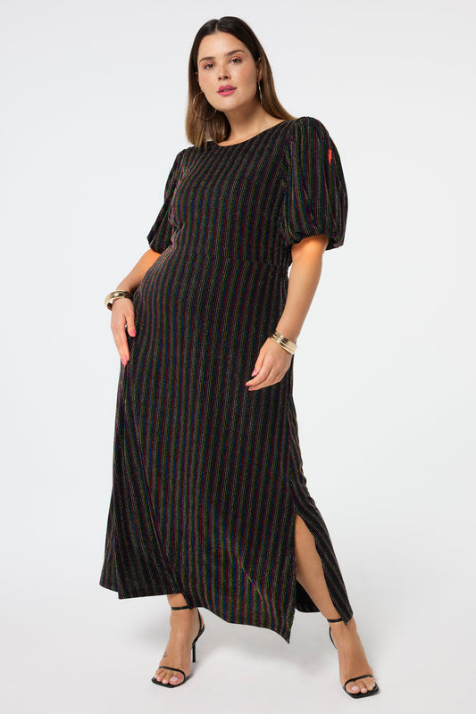 Black with Rainbow Metallic Stripe Puff Sleeve Midi Dress