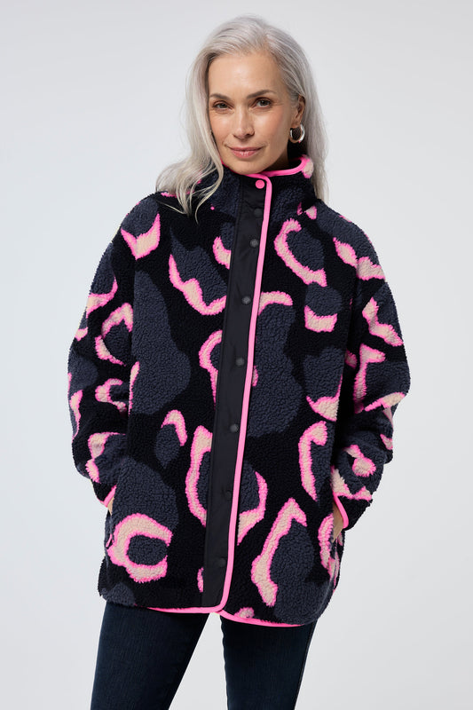 Navy & Pink Shadow Leopard Print Fleece Jacket
