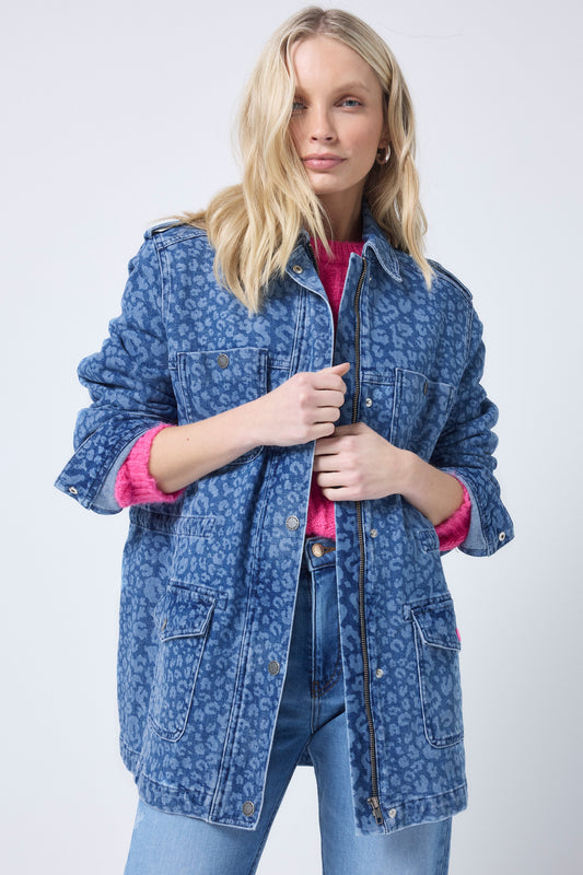 Leopard Print Denim Utility Jacket
