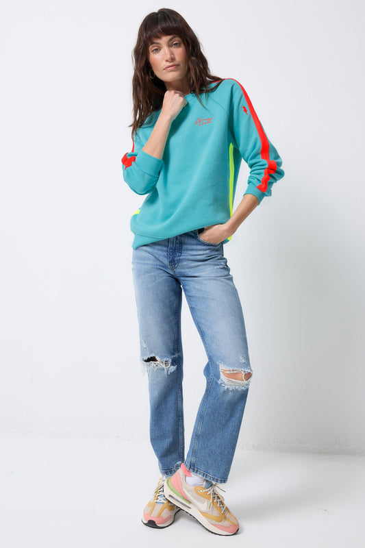 Bright Green with Coral Colourblock Relaxed Sweatshirt