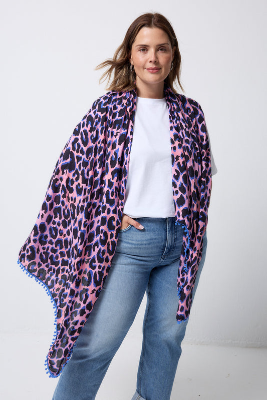 Pink with Blue and Black Shadow Leopard Charity Super Scarf