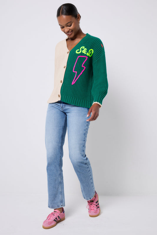 Cream and Green Colour Block Lofty Cardigan