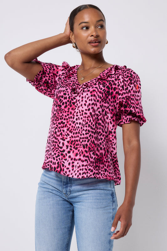 Bright Pink with Black Cheetah Ruffle V-Neck Blouse