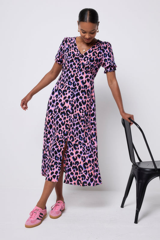 Pink with Blue and Black Shadow Leopard Flute Sleeve Midi Tea Dress