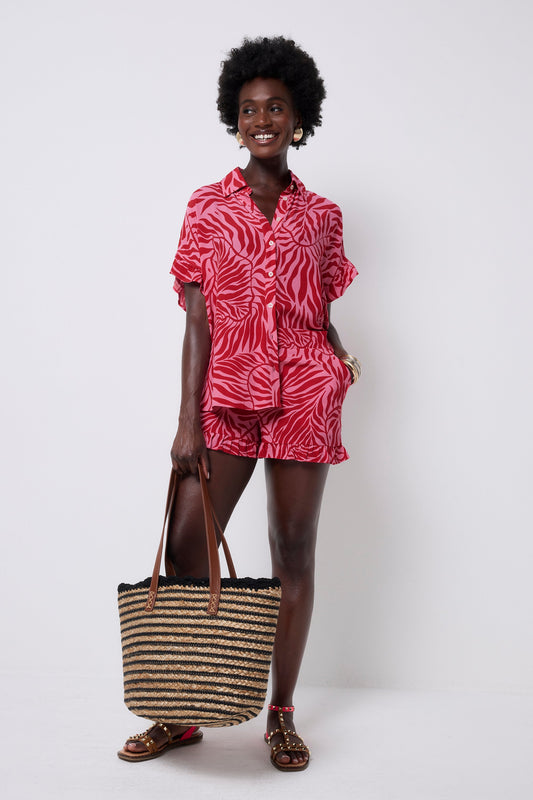 Pink with Red Palm Frill Sleeve Shirt