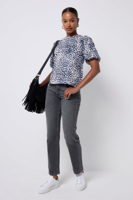White with Blue and Grey Cheetah Pintuck Sleeve T-Shirt